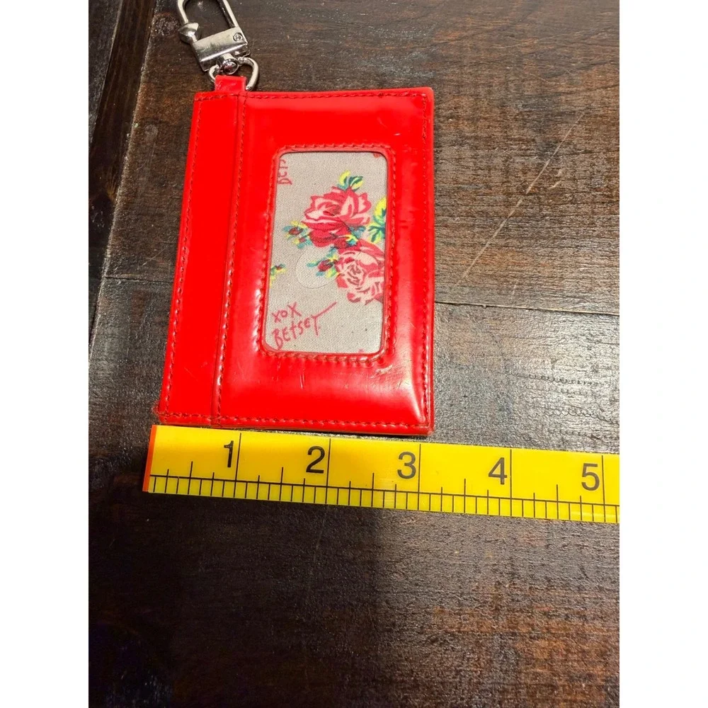 Betsey Johnson Red Patent Card‎ Holder Wallet Keychain ID Window Heart Logo